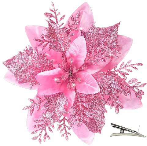 MIKAILE 20 Pièces Fleur de Noël pour Sapin avec Clip, Fleurs de Noel Artificielles Glitter, Fleur Poinsettia Noel de Scintillantes pour Guirlande, Couronne, Sapin Noël Décoration (Rose)