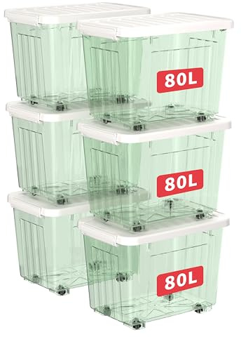 Cetomo 80L*6 Scatole di Stoccaggio con Coperchi, Contenitori in Plastica con Ruote, Clip On, Impilabili, Incastonabili, Organizzatore a Righe per Casa Ufficio, Verde Chiaro, 80L-6 Pezzi