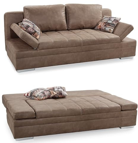 Funktionssofa mit Gästebett und Bettkasten B200/T100/H84 cm, Armlehnen verstellbar, Liegefläche 148x200 cm, Wellenunterfederung, Bezug Mikrofaser in Antikleder-Optik m. Steppung in Braun / 15116