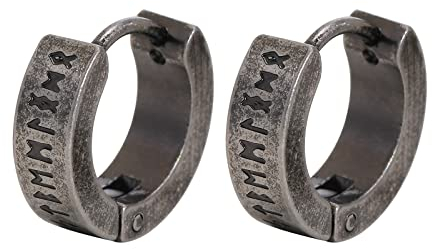 Nordischer Wikinger Hoop Ohrring Herren - Amulett Schutz Schmuck Geschenke Edelstahl Herren Ohrstecker mit Nordic Elder Futhark Runen,Vintage Grau,1 Paar