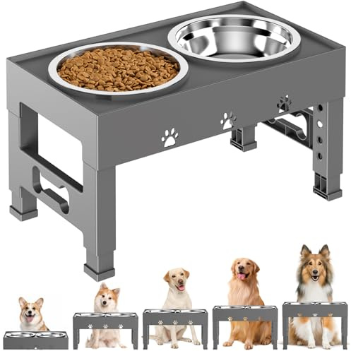 LAKIPETN Cuencos elevados para Perros con 2 Cuencos de Acero Inoxidable para Comida para Perros, 5 Alturas Ajustables, se Ajustan a 3.1 Pulgadas, 9 Pulgadas, 10 Pulgadas, 11 Pulgadas, 12 Pulgadas,