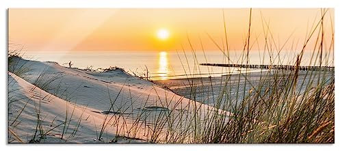 Pixxprint Glasbild Panorama, Wandbild aus Echtglas, Dünenblick auf Meer bei Sonnenuntergang, 120x50 cm, inkl. Aufhängung und Abstandshalter