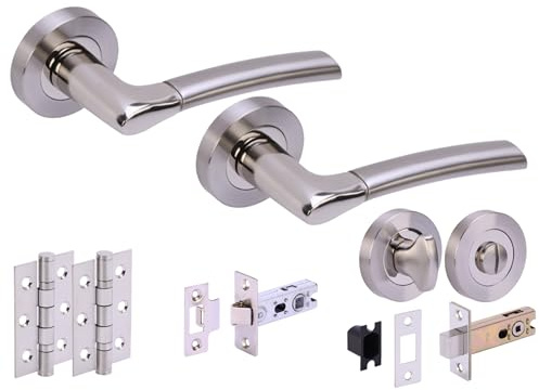 Hunta HANDLEZONE® Ursa Door Handles on Rose Bathroom Deadbolt Pack with with 75mm Ball Bearing Hinges, 76mm Latch and Lock - Dual Polished/Satin Nickel