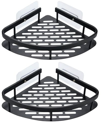 Cheerhom 2pcs Estante de ducha sin taladrar Estante de esquina Estante de ducha Aluminio negro Cesta de ducha Inoxidable Baño impermeable