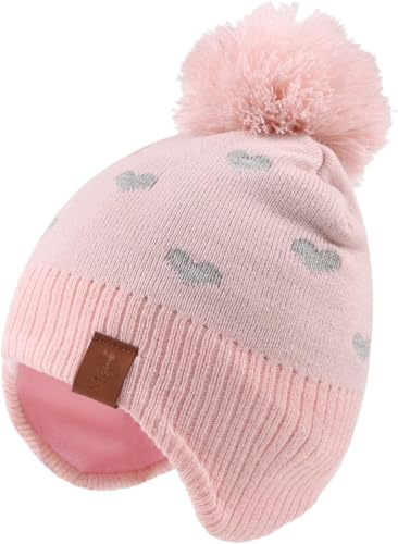 Malaxlx Kids Pink Heart Pom Pom Beanie Hat Winter Warm Child Knitted Earflap Hat Fleece Lined Ski Skull Cap for 4-8 Years Boys Girls
