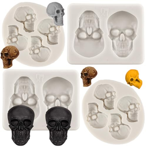MYPRACS Halloween Schädel Silikonform Skelett Kopf Fondant Formen für Kuchen dekorieren Cupcake Topper Polymer Ton Süßigkeiten Schokolade Kaugummi Paste Satz von 4