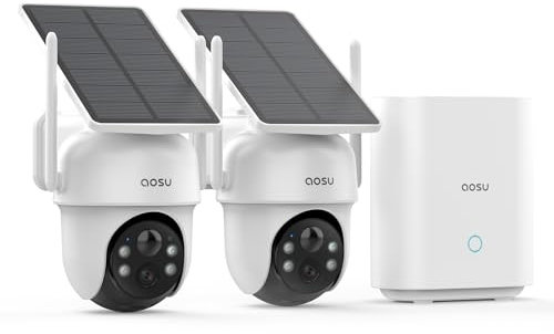 AOSU 2K Security Cameras Outdoor Wireless, 2 Cam-Kit with HomeBase, No Subscriptions, 360° Panoramic PTZ, Solar Battery Home Security Cameras System, Auto Tracking, Colour Night Vision, 5G＆2.4G WiFi