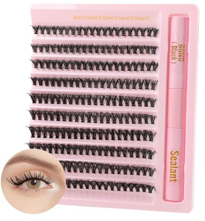 Poiuyoiu Cils Individuels Avec Colle de Liaison et de Scellement 40D Kit de Cils en Grappe Mixtes de 8 à 16mm 0.07 D Curl Kit D'Extension de Faux Cils Moelleux Réutilisables
