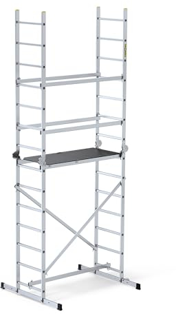 DRABEST Hector Basic - Leiter - Gerüst - Klappleiter - Aluminiumleiter - Leitergerüst - Max. Arbeitshöhe 4 m - Mehrzweckleiter - Trittleiter, Baugerüst, für Garten, Haushalt, BAU - Aluminium - Mobil