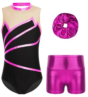 Kvysinly Glänzend Turnanzug Mädchen Gymnastikanzug Set Slim Fit Turnbody mit Haarband und Hose Ballettkleidung Tanz Training Outfit