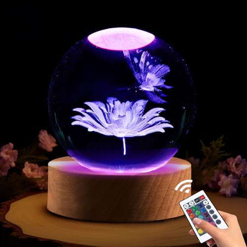 Regalo Farfalla per Donne - Sfera di Cristallo 3D 8 cm Con Fiore e Lampada - Luce Notturna Con Telecomando - Decorazione per Compleanno, Natale, Festa della Mamma