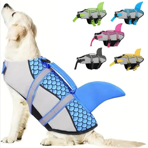 RUYICZB Giubbotti di Salvataggio per Cani, Salvataggio Ripstop Regolabile Squalo Galleggiante per Animali Giubbotto Salvagente Cane Riflettente Protettivo per Piscina Spiaggia Nautica,Blu,XS