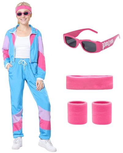 Angenster 80er Jahre Outfit Damen - 90er Bekleidung Mit Jacke, Hose, Schweißbänder, Brille - Bad Taste Outfit für Karneval Mottoparty (Blau, L)