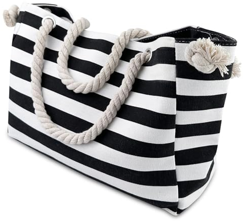 Ghazpmuk Strandtasche Mit Reißverschluss Wasserdicht Badetasche, Tote Bag, Sommertasche für Einkauf, Reißverschluss Große Shopper Damen, Umhängetasche, für Strand Pool (Schwarze Und Weiße Streifen)
