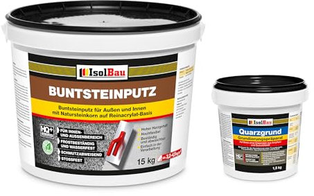 Isolbau - Buntsteinputz für Außen und Innen (Anthrazit) 15 kg - BP100 Mosaikputz Dekorationsputz Frostsicher, Wasserfest, Stoßfest - mit Quarzgrund 1,5 kg