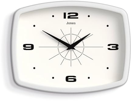 JONES CLOCKS® Movie Wanduhr | Rechteckige Retro-Uhr | 25 cm | White | Cooler mid-Century-Designer-Look für küche, Wohnzimmer oder büro