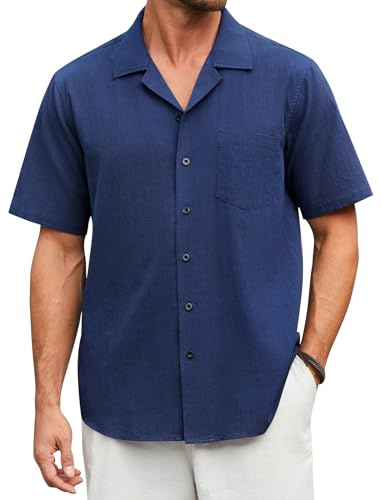 Enlision Camicia di Lino Uomo Maniche Corte Camicia Uomo Blu Navy Estive da Spiaggia da Spiaggia Camicie Regolare con Bottoni 2XL