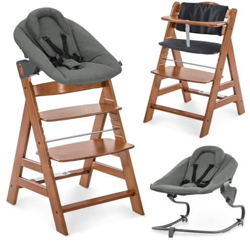 hauck Alpha+ Newborn Set mit Premium Bouncer Dark Grey - Baby Holz Hochstuhl ab Geburt mit Liegefunktion - extra flacher Aufsatz für Neugeborene & Sitzpolster - Walnuss