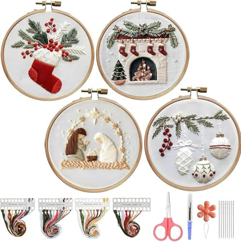 DKIIL NOIYB Sticken für Anfänger, Kreuzstich Weihnachten mit Stickrahmen, DIY Fadenkunst Kreuzstich mit Starter-Werkzeugen, Sticken Set Erwachsene für Handwerk, Sticken-Weihnachtswichtel (4pcs C)