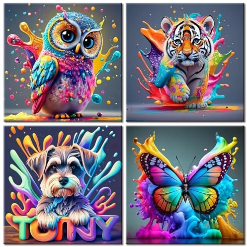 4 pièces Peinture par numéros à partir de 6, 7, 8, 9 ans, filles, Peinture par numéros pour enfants, animaux, 20x20 cm, kit de bricolage DIY, cadeaux pour filles et garçons, avec 8 pinceaux et 4