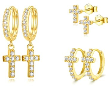 HinDaLi 3 par kors-örhängen silver 925 för kvinnor män flickor män guldörhängen damer små zirkonörhängen kreoler med korshänge brosk tragus sova allergivänliga, 10mm, Sterlingsilver, Kubisk zirkonia