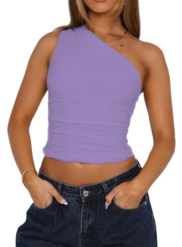 TiulZial Damen eine Schulter Ausgehen Crop Tank Tops Slim Fit ärmellose Shirts Y2k Cute Top