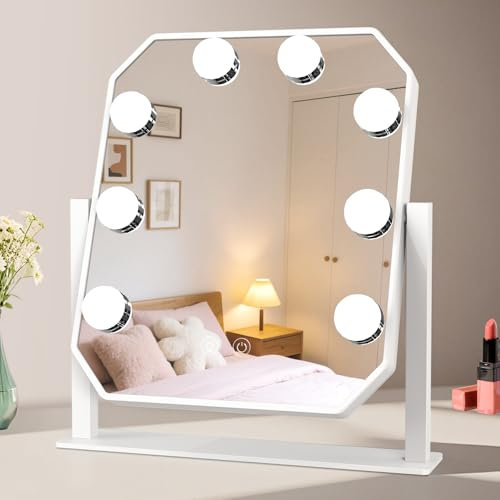 sylvwin Hollywood Espejo de Maquillaje con 8 Luces LED - 360° Giratorio, 3 Temperaturas de Color Ajustables (3000K/4000K/6000K) Cosmético Espejo de Mesa, Control Táctil, Regulable, Espejo de Tocador E