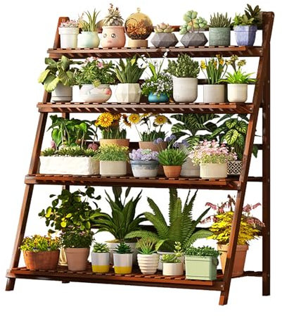 STARHMLUX Blumenständer Blumenregal aus Bambus Pflanzenständer mit 3 Ebenen Faltbar Bietet Platz für mehrere Blumentöpfe Starke Tragfähigkeit geeignet für Hausterrassen Rasenflächen 70 * 45 * 122cm