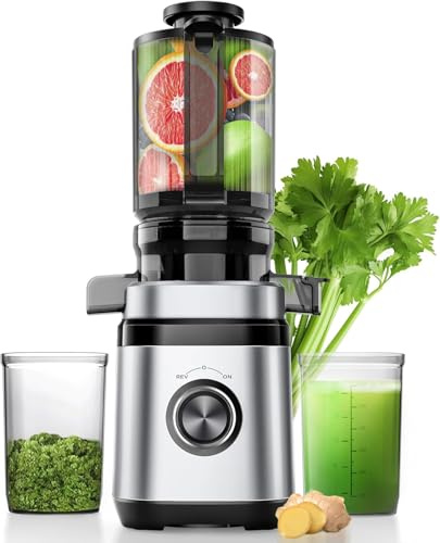 Forrlite Juicer Machines, Cold Press Juicer with 110mm Wide Feed Chute, 1.2L Capacity, 350W Slow Masticating Juicer Whole Fruit and Vegetable, High Juice Yield, Large Auger, Easy to Clean, Silver