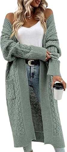 Saodimallsu Strickjacke Damen Lang Grobstrick Cardigan Lose Oversize Leichte Elegante Strickmantel Casual Einfarbig Open Front Sweater mit Taschen Hellgrün L