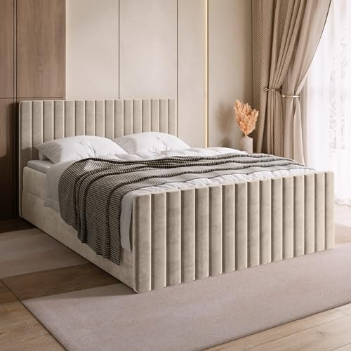BROMARKT Boxspringbett 180x200 mit Bettkasten Topper Härte H3 Beige | Doppelbett mit Bonellmatratze gepolsterte Kopfstütze Fußteil Polsterbett Bett Bed Jugendbett Einzelbett hinterteil DREAM DUO