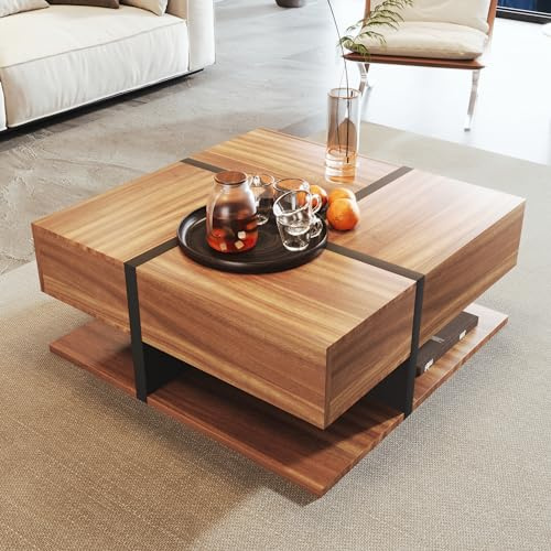 NADEUSAK Tavolino lucido, tavolo con 4 cassetti, combinazione di colori unica e design lineare, spazio di archiviazione in basso, 80x80cm (Natura)
