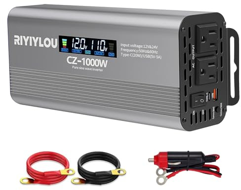 1000W Pure Sine Wave Inverter 12V/24V Auto LCD USB-C for RV Home