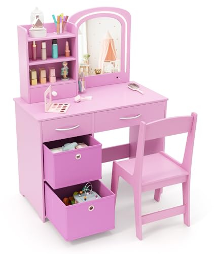 Maxmass Kids Vanity Table and Chair Set, Children Dressing Tables with 2-Color LED Lighted Mirror, Drawers, Storage Shelves, Removable Bins, Girls Make up Desk Princess Pretend Dresser Table (Pink)