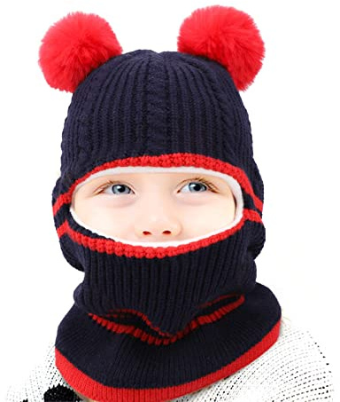 QKURT 1 st barn vinter balaklava, småbarn tjock vinter balaklava mössa hattar varm stickad mössa halsduk halsvärmare termisk fleecefoder stickad mössa med 2 fluffiga bollar för pojkar flickor 2-6