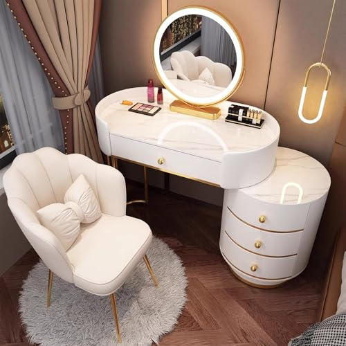Sminkbord i granit med LED-belysning, spegel och stol, 5 lådor, sminkbord i massivt trä, 80 cm och 100 cm, elegant vit finish för smink och förvaring