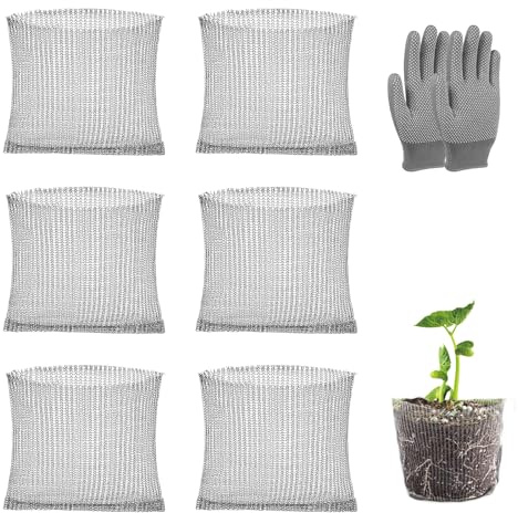 LEIMEND 6 Pezzi Cesti Protettivi per Radici Acciaio Inox 23X25 cm | Sacchetti a Rete in Metallo Cestini in Rete di Arvicole Include 1 paio di Guanti Adatto per Ortaggi Alberi da Frutto e Fiori