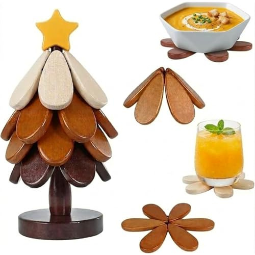 Wooden Tree Trivets for Hot Dishes, Christmas Tree Trivet Set of 4 with Stand, Natural Foldable Pot Holders for Hot Pots & Pans, Wood Coasters for Bowls, Teapots, Drinks & Plates (Walnut Wood)