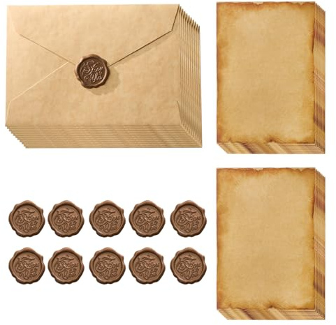 36 Delar Vintage Brevpapper med 10 Kuvert, 16 A5 Skrivpapper och 10 Vaxsigill, Kraftpapper, Vackert Set för Bröllopsinbjudningar och Födelsedagskort