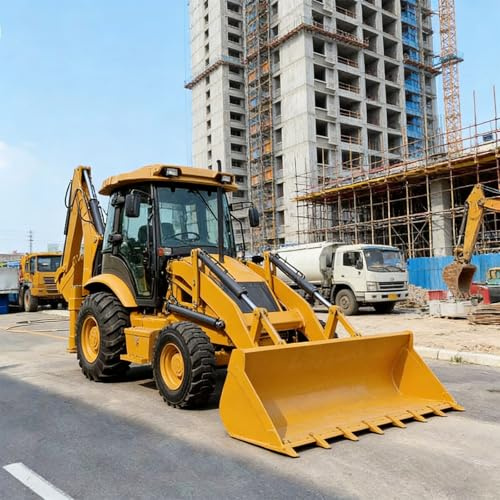 Tracteur compact avec système hydraulique avancé, mini chargeuse-pelleteuse sur roues avec chargeur frontal et pelle arrière pliable pour la construction et les travaux agricoles