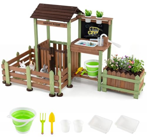 COSTWAY Juego de Granja de Juguete para Niños, Juguete Montessori Infantil | Madera Abeto con Jardinera Elevada, Grifo, Fregadero, Puerta Bloqueable, Pizarra, Herramientas de Jardinería, para 3+ Años