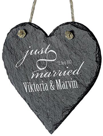 polar-effekt Schieferherz zur Hochzeit Personalisiert mit Gravur - romantische Hochzeitsgeschenke für Brautpaare - Schiefertafel 18 x 18 cm - Motiv just Married Unendlichkeit