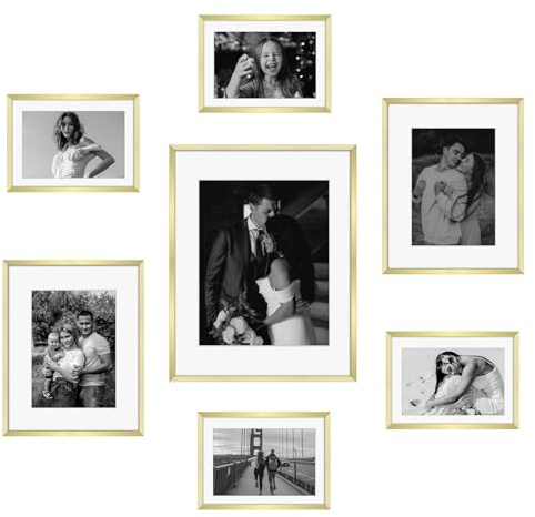 Frametory, Gold Aluminum Picture Frame with Removable Mat - Set of 7 Includes Four 5x7, Two 8x10, One 11x14 - Real Glass Front - Simple Gallery Wall Frames for Art Prints and Posters