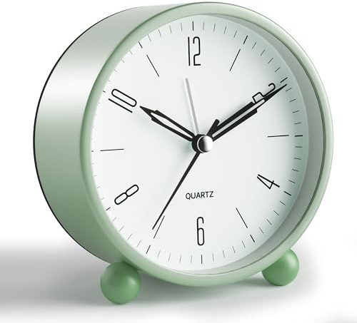 Analog Alarm Clock, 4 inch Super Silent Non Ticking Small Clock with Night Light, Battery Operated, Simple Design, Old Fashioned Style Ideal Decor, for Bedroom, Bedside, Desk, Adult, Kid, Gift, Green