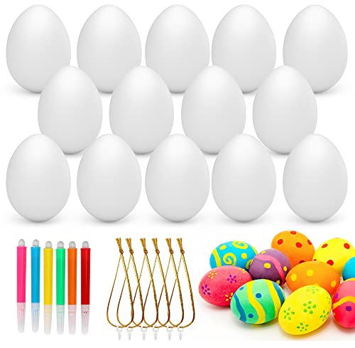 50X Ostereier Plastik Weiß,Ostereier Deko Eier,Ostereier aus Plastik, Kunstoffeier Plastikeier aus Plastik,Aufhängen Eier mit Seil,Ostern Basteln Bemalen für Dekoration und Geschenk,mit 6 Farbpinse