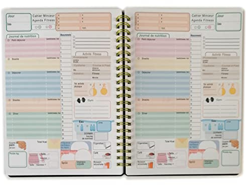 PYF Agenda Dieta Fitness Planner A5 14,5 x 20,5 cm - 50 feuilles (100 jours) - Avec spirale métallique - Couverture noire