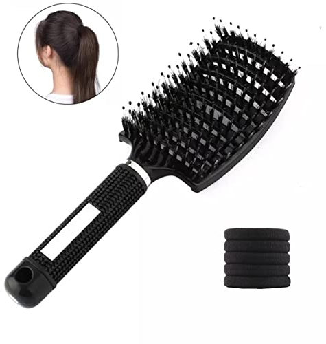 Spazzola per Capelli + 5 Scrunchies - Spazzola Districante per Capelli Setole Cinghiale - Massaggiare la Testa ed Eliminare i Grovigli - Spazzola per Tutti i Tipi di Capelli - Spazzolare Senza Dolore
