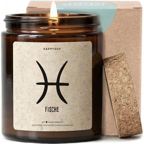 Fische Sternzeichen - Duftkerze mit Spruch als Geschenk für Geburtstag, liebevolle Geschenkidee für Fische-Frauen, Kerze im Glas mit blumigem Duft