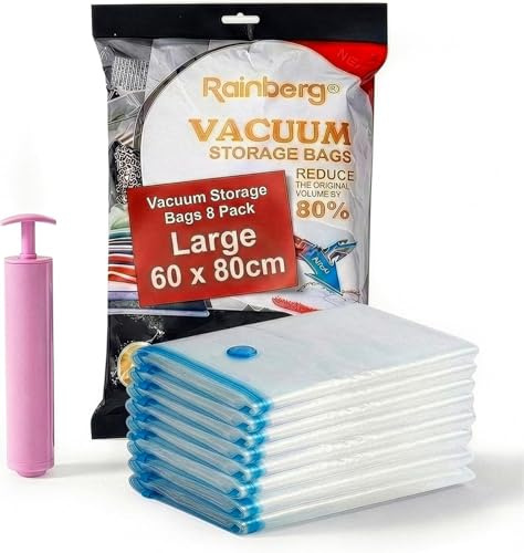 Rainberg 8 Pack Large Vacuum Storage Bags, Home and Travel Vacuum Bags with Pump featuring Double Zip Seal & Triple Seal Turbo-Valve for Maximum Space Saving, Up to 80% More Space (60 x 80cm)