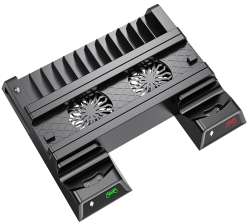 PS4 Stand with Cooling Fan Cooler for Playstation 4/PS4 Slim/Pro Stand Cooler with Dual Controller Charge Station & 12 Game Slots Organizer Stand with Game Storage